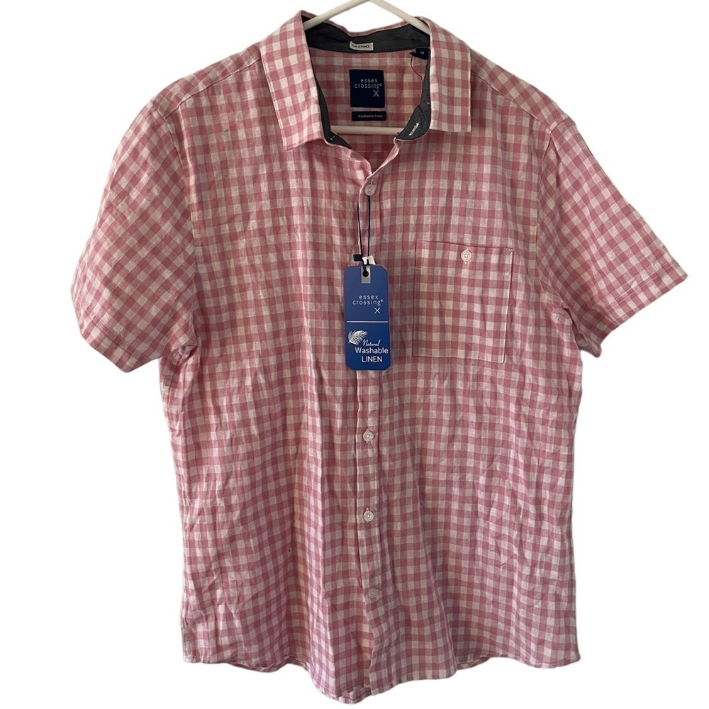 NWT Essex Crossing Natural Washable Linen Blend Checkered Button Down Shirt Med